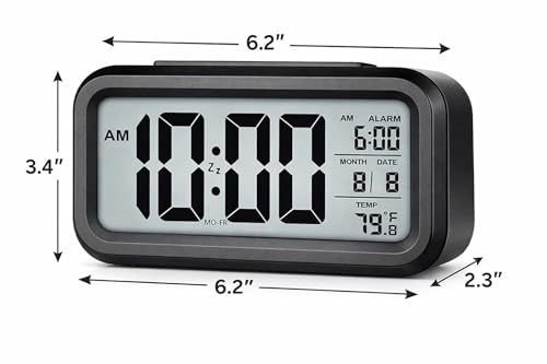 Image of Hiply Digital Alarm Clock with Large LCD Display, Auto Brightness Sensor, Dual Alarm Snooze Function, Date Day Temperature Display - Compact Bedside Table Clock for Bedroom, Office & Travel
