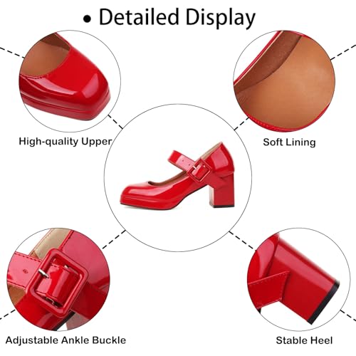 Women's Leather 2.36-Inch Block Heel Mary Jane Pumps Cute Comfortable Round Closed Toe Adjustable Ankle Buckle Platform Chunky Heel Pumps for Wedding Casual Dress Shoes3