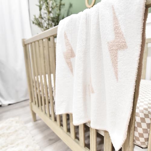 Image of L+L USA Lightning Bolt Baby Blanket 28 inchx40 inch - DreamSoft Knit Throw for Crib, Stroller or Car Seat - Soft Blanket /Newborn Nursery Gift Essential for Toddler, Infant, Kids, Boys & Girls (Tan /White)