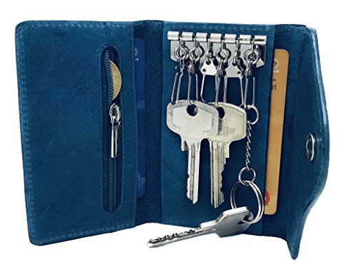 Su.B Llavero de Cuero Genuino - Billetera con Llave y Bolsillo para Tarjeta de Monedas - Estuches de Llaves - Verde Azulado