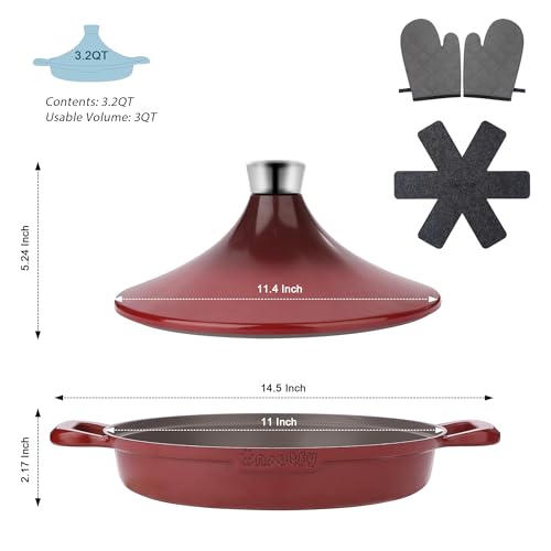 Image of Non-Stick Frying Pan /Skillet 11 inch, 3QT Tagine Pan,Cast Aluminum Pans with Lid, Stove /Oven-to-Table Cookware, Dishwasher Safe& Compatible with All Stovetops(Red)