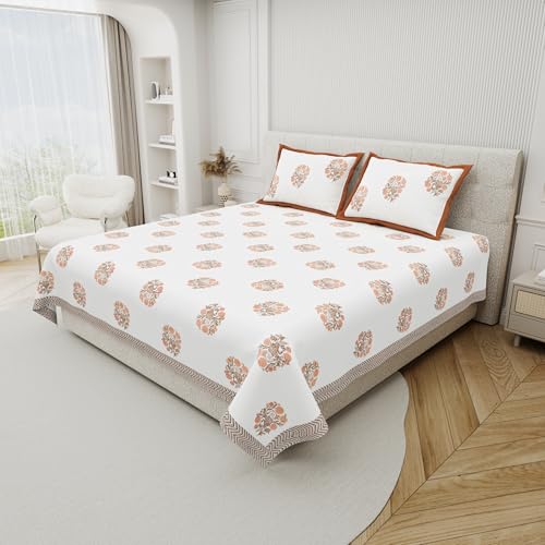 Image of DE CAMA Since 1997 | 100% Cotton 300 TC Premium King Size Bedsheet for Double Bed (90 x 108 Inch) with 2 Pillow Covers Set (17 x 27 Inch) Designer Printed Bedsheet Set - Birds of Wings Orange
