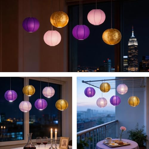 Image of Purple Chinese Paper Lanterns with LED Lights, 10-Pack 12inch | Hanging Lights for Mardi Gras, Graduation, Birthday Decorations, Ceiling Decor, Home Party & Baby Shower
