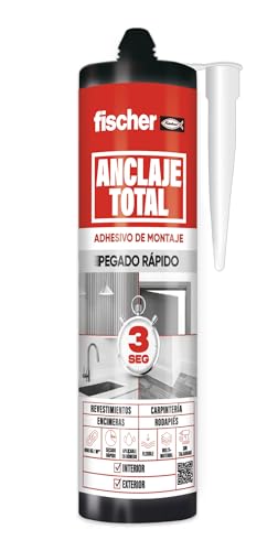 fischer - Anclaje Total, Adhesivo de montaje de Pegado Rápido en 3 segundos, Pegamento Fuerte Multimaterial Soporta hasta 600 Kg/m2, Carpintería, Encimeras, Rodapies, Revestimientos (290 ml) Blanco