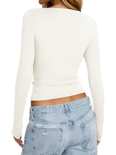 Womens Boat Neck Long Sleeve Shirts Ruched Double Lined Top Fitted Basic Tight Tee Spring Fall Clothes 2025 5