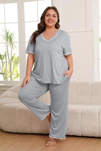 Image of Vozanet Women's Plus Size Pajama Sets Short Sleeve Long Pants Solid Color with Piping Trim Elegant Loungewear Cozy Sleepwear