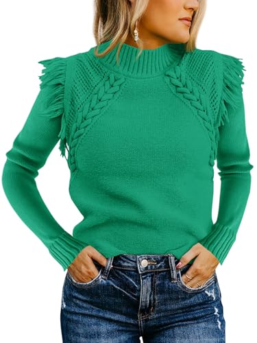 Saodimallsu Womens Cable Knit Sweaters Mock Neck Fringe Fitted Long Sleeve Boho Trendy Pullover Tops Green