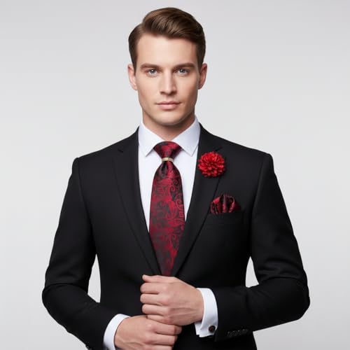 Image of 5PCS Mens Silk Tie, Pocket Square, Cufflinks, Drilled Tie Ring and Lapel Pin Set for Wedding Groom Party
