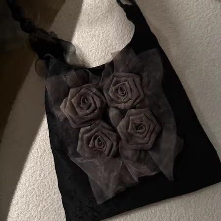 Retro Chinese Style Rose Blossom Tote Bag - Large Capacity Pleated Shoulder Handbag for Commuting(Black)3