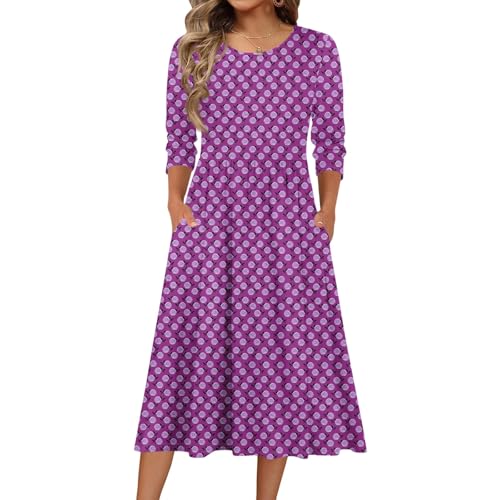 Womens Dress Crewneck 3/4 Sleeve Dress A-Line Fashion Printed Dresses with Pockets Comfy Flowy Casual Loose Sundress
