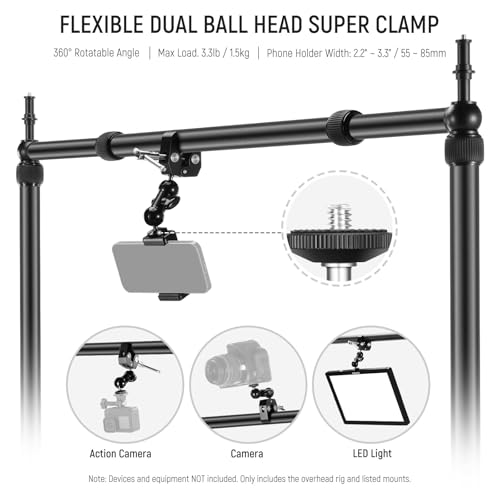 Image of NEEWER NK002 Overhead Camera Mount Rig Platform with Phone Holder /2 Ball Heads /Arms /Super Clamp /Cleaning Cloth for Mic Webcam, Multi Device Desk Stand with Adjustable Height Width, Max Load 26lb /12kg