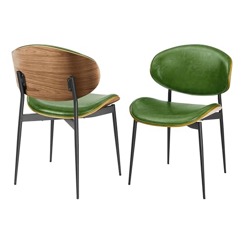 Image of Zouron® Dining Chairs Oak Foam Soft Backrest, Mid Century Modern Accent Chair with Black Steel Legs, Faux Leather Upholstered Desk Chairs for Kitchen Living Room Bedroom, Set of 2, Green