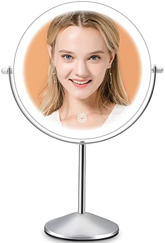 Makeup Vanity Mirror with LED Lights, 8 Inch Rechargeable Double Sided 10X Magnification, 3 Color Lighting, Dimmable Cosmetic Mirror with Touch Control 360°Rotation Light up Mirror Cord or Cordless
