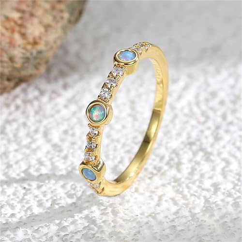 Dainty Stackable CZ Opal Promise Band Ring for Women Girls 14K Gold Plated Cubic Zirconia Blue Birthstone Fashion Finger Rings Comfort Fit Birthday Holiday Jewelry Gift for Her4