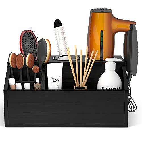 Aktop Wooden Hair Tool Organizer - Blow Dryer Holder, Hair Styling Tools & Accessories Organizer, Bathroom Vanity Countertop Storage For Hair Dryer, Flat Irons, Curling Irons - Hold Hot Tools, Black #TOP3