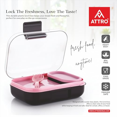Image of ATTRO Food Bite Kids Plastic Lunch Box - 3 Compartments, 1 Small Container & Spoon, with Stylish Lid BPA-Free, Freezer Safe, Ideal for School, Travel & Outdoor - Purple Pink-500ml