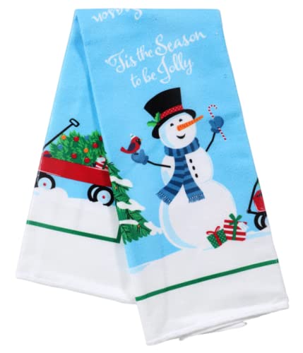 RAPL Tis The Season to Be Jolly Kitchen Blue Green and White Linen MEGA Bundle (1) Oven Mitt (2) Pot Holders (2) Microfiber Towels