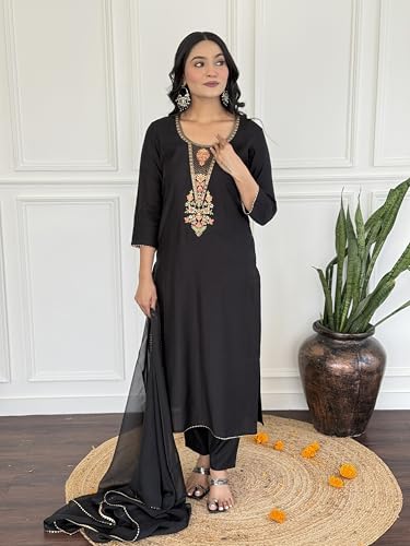 Image of Alvami Women's Silk Embroidery Straight Kurta and Pant Set with Dupatta