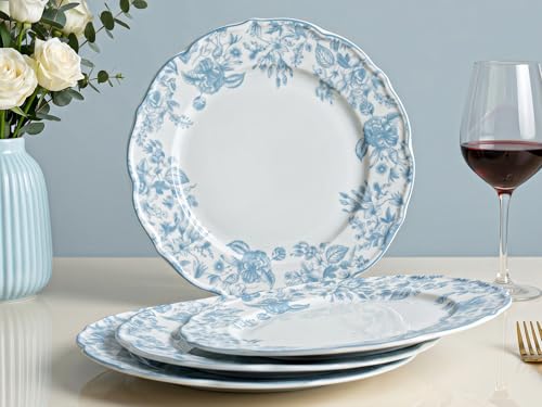 Image of Bodhi House 4-Piece Blue Leaf White Porcelain Dinner Plates Set | Lightweight, Chip Resistant | Microwave & Dishwasher Safe | Elegant Tableware for Home Dining, Parties & Gifting