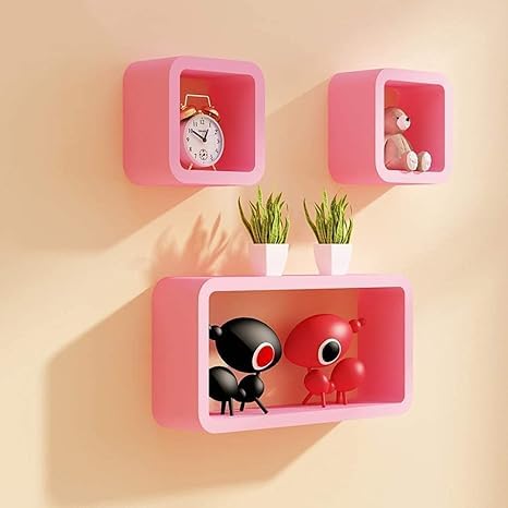 SAJAAVA MDF Wall Shelves Set of 3 | Decorative Cube Shape Floating Wooden Racks | Wall Mounted Display Storage for Living Room, Bedroom & Office (Pink)-image-35
