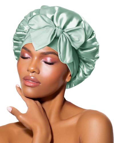 Image of BONNET QUEEN Small Double Layer Silk Bonnet for Sleeping for Women Satin Bonnet Night Cap for Short Thin Hair with Tie Band,Sage Green