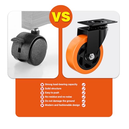 Image of 4 Inch Caster Wheels, Casters Set of 8 Heavy Duty, Orange Polyurethane (PU) Casters, Industrial Swivel Top Plate Castor Wheels for Workbench /Furniture /Cart (Pack of 8)