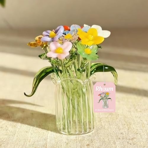 Mini Glass Flowers in Tiny Vase, Handcrafted Glass Flower Bouquet with Green Leaves, Small Glass Vases for Table Accent, Cute Desk Ornament Set for Home Office Wedding Party Decor Gift
