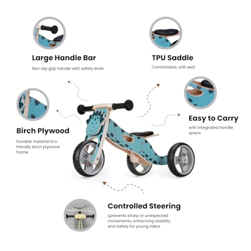 Baby Balance Bike - 2-in-1Wooden Trike for Toddler Easy Converts to Balance Bike - Lightweight Toddler Tricycle for 18 Months +, Padded Adjustable Seat - Puncture Proof Wheels - Dinosaur Design - Image 6