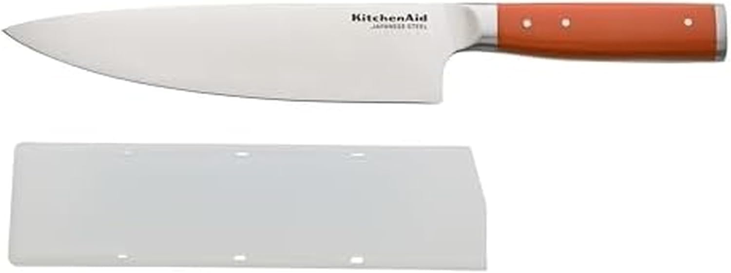 KitchenAid Gourmet Forged Chef Knife with Custom-Fit Blade Cover, Sharp Kitchen Knife, Japanese Stainless Steel Blade, 8 Inch, Orange