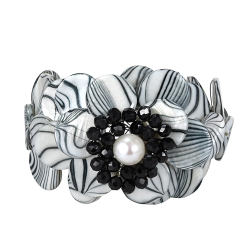 AeraVida Zebra Painted Mother of Pearl Shell Cluster Flower Cuff Bracelet | Adjustable Black and White Cuff Bracelet for Women