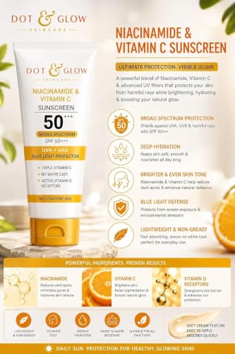 Image of Dot & Glow Niacinamide & Vitamin C Sunscreen SPF 50+++ | Broad Spectrum UVA + UVB Protection | Blue Light Protector Face Sunscreen 60g