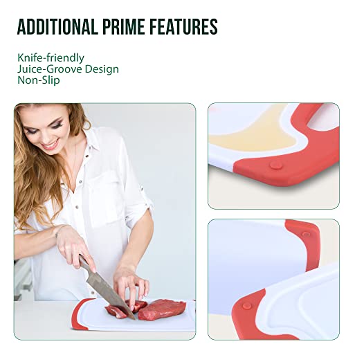 Tablas de Cortar de Plástico para Cocina con Agarre, Juego de 3 Tablas Antideslizantes y Aptas para Lavavajillas con Ranura para Jugos – Tablas Gruesas y Duraderas para Carnes y Verduras de My Prime Kitchen, Rojas miniatura 4