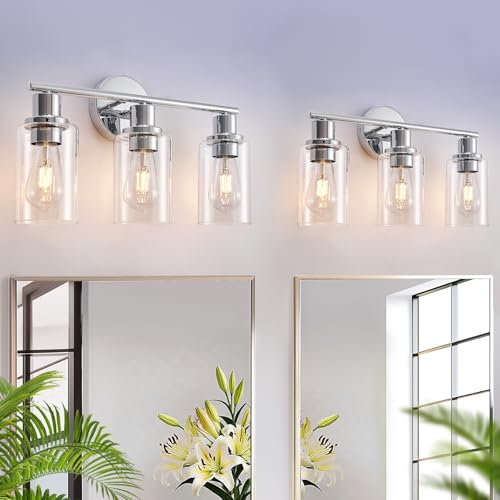 Image of DLLT 3-Light Bathroom Light Fixtures: Chrome Modern Vanity Lights with Clear Glass Shade - Bathroom Wall Lamp for Mirror Kitchen Living Room - 2 Packs