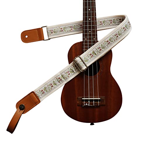 Image of MUSIC FIRST Original Design Vintage Floral Embroidered & Genuine Leather Ukulele Strap Ukulele Shoulder Strap With a MUSIC FIRST Genuine Leather Strap Locker (Creamy White Floral)