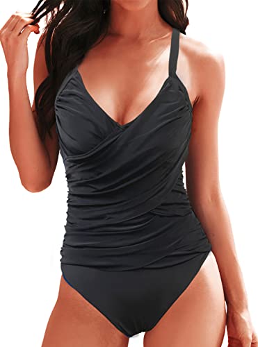 Rayson Bañador Vientre Plano Una Pizza Fruncido Monokini Correas Espaguetis Ajustables Bañadores Mujer Reductores Cuello En V Traje De Baño Mujer(Negro,XL)