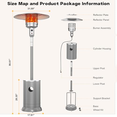 DIAMONDFORGE 50,000 BTU Propane Patio Heater, Double-Layer Stainless Steel Burner, Round Table Design with Wheels, Outdoor Space Heater for Garden, Patio & Residential Use, Grey