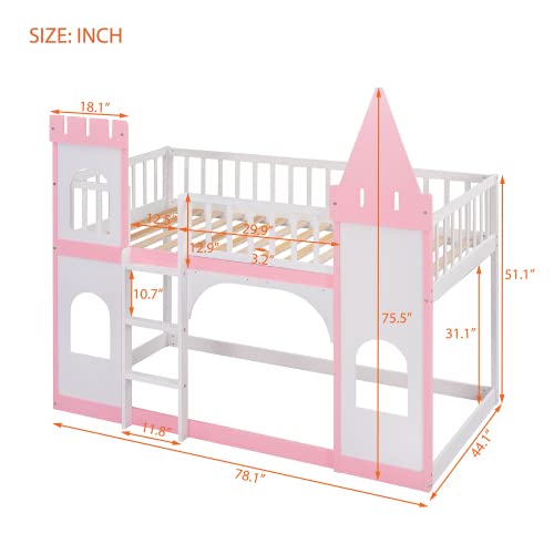 Harper & Bright Designs Twin Over Twin Kids Bunk Bed, Twin Loft Bed with Castle Shape Design, Wooden Floor Bunk Beds for Girls Boys Bedroom Dorm, Pink
