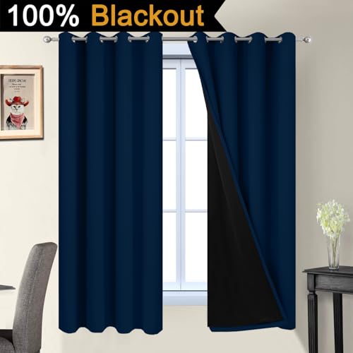 Image of Yakamok Dark Blue 100% Blackout Curtains 63 Inches Long 52 inch Wide 2 Panels | Blackout Curtain Panels for Bedroom, 2 Thick Layers Grommet Top Thermal Insulated Drapes with Black Liner for Living Room