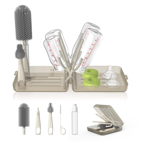 Image of YOTIME Travel Bottle Brush Set, Auto-Open Rack & Vertical Brushs Drying Slots, 3 Brushes, Foldable Drying Rack, Dispenser, Travel Baby Essentials for On-The-Go Parents, Transparent Coffee