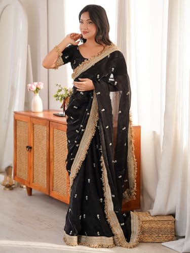 Image of AKHILAM Women's Shimmer Off White Georgette Sequence Embroidery Saree With Unstitched Blouse Piece