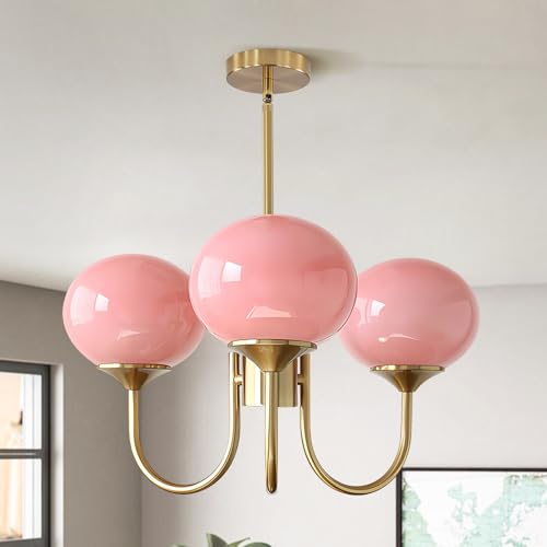 Lustre globe rose et doré à 3 lampes pour chambre de fille