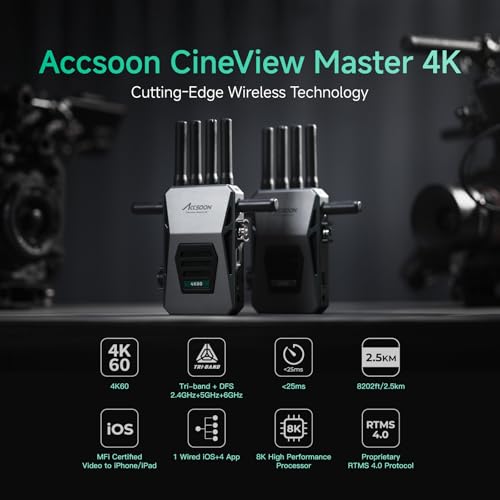 Accsoon CineView Master 4K Wireless Video Transmitter Receiver 2.4Ghz+5Ghz+6GHz Tri-Band 8202ft Range 25 ms Latency, SDI HDMI Video Transmission System, 4K 60FPS 1 Wired iOS+4 App Monitoring(1TX+1RX)