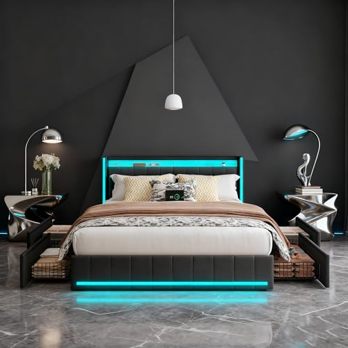 BRYXR Polsterbett 140x200 cm mit LED-Kopfteil, Doppelbett mit USB-Ladefunktion und Lattenrost, 4 praktischen Schubladen und stilvollem Design, Ideal für Jugendzimmer und Moderne Räume, Ohne Matratze