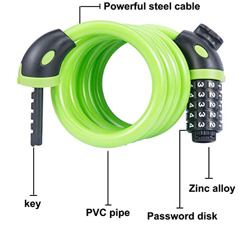 willceal Bike Lock Bicycle Chain Lock,with 5-Digit Resettable Number and Mounting Bracket,Combination Coiling Cable Lock Best for Bicycle Outdoors - 4 Feet x 1/2 Inch (Green) - Thumbnail 2