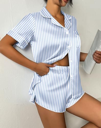 Image of Ekouaer Womens Silk Satin Pajama Set Print Short Sleeve Sleepwear Button Down Pjs Shorts Set Loungewear