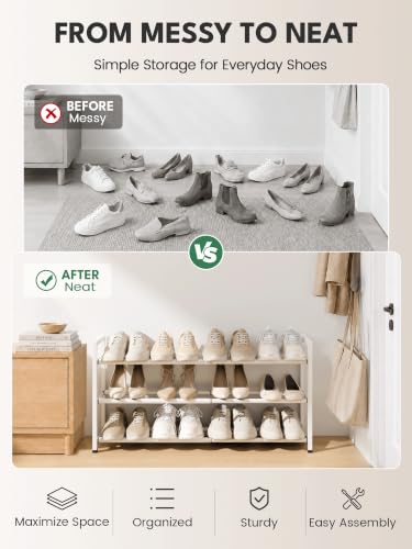 Image of Bumusty 3-Tier Expandable Shoe Rack for Closet, 18 inch-33 inch Adjustable Shoe Rack for Small Space, Small Shoe Organizer for Front Door, Sturdy Metal, White
