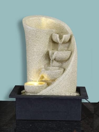 Image of UAG EXPORTS Modern 3-Step Curve Diya Indoor Water Fountain with LED | Cream Sandstone Tabletop Waterfall | Soothing Cascading Showpiece for Home Decor, Office, Mandir & Meditation Space