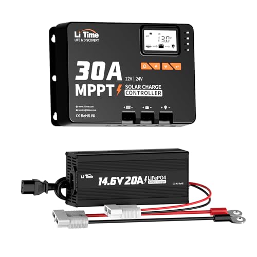 Image of LiTime 12V 20A Lithium Battery Charger 14.6V LiFePO4 Battery Charger AC-DC Smart Charger with 30 Amp MPPT 12V /24V /Auto DC Input Solar Charge Controller Build-in Bluetooth Module