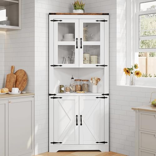 GarveeHome Tall Corner Cabinet, Farmhouse Corner Storage Cabinet with Glass Door & Adjustable Shelves, Space Saving Storage for Living Room, Kitchen, Bathroom, White