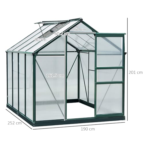 Outsunny 6 x 8ft Polycarbonate Greenhouse, Large Walk-In Green House with Slide Door and Window, Garden Plants Grow House with Aluminium Frame and Foundation, Dark Green - Image 7
